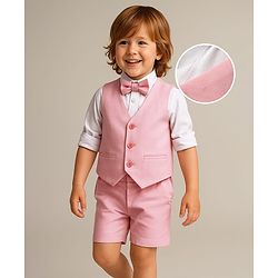 Babyhug Knit Full Sleeves Solid 3 Piece Party Suit With Bow - Peach & White