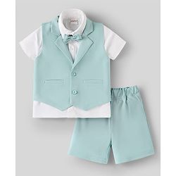 Babyhug Knit Half Sleeves Solid 3 Piece Party Suit With Bow - Mint Green