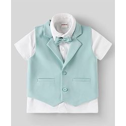 Babyhug Knit Half Sleeves Solid 3 Piece Party Suit With Bow - Mint Green