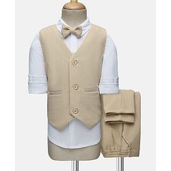Babyhug Knit Full Sleeves Solid 3 Piece Party Suit With Bow - Beige