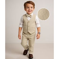 Babyhug Knit Full Sleeves Solid 3 Piece Party Suit With Bow - Beige