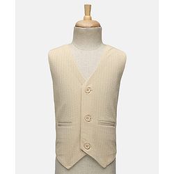 Babyhug Knit Full Sleeves Solid 3 Piece Party Suit With Bow - Beige
