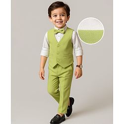 Babyhug Woven Full Sleeves Solid Color 3 Piece Party Suit with Shirt Waistcoat Trousers and Bow - White & Light Green