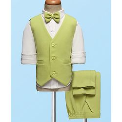 Babyhug Woven Full Sleeves Solid Color 3 Piece Party Suit with Shirt Waistcoat Trousers and Bow - White & Light Green