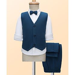 Babyhug Knit Full Sleeves 3 Piece Party Suit Set With Bow - Teal Blue & White