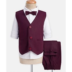 Babyhug Knit Full Sleeves Solid 3 Piece Party Suit With Bow Applique - Wine & White
