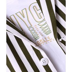 Babyhug Knit Full Sleeves Striped Blazer With NYC Printed T-Shirt - Olive Green & White