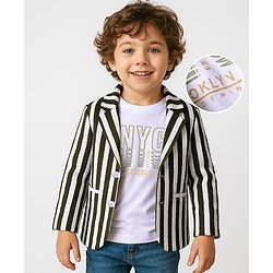 Babyhug Knit Full Sleeves Striped Blazer With NYC Printed T-Shirt - Olive Green & White