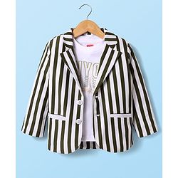 Babyhug Knit Full Sleeves Striped Blazer With NYC Printed T-Shirt - Olive Green & White