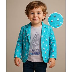 Babyhug Knit Full Sleeves Boat Printed Blazer With T-Shirt - Light Blue
