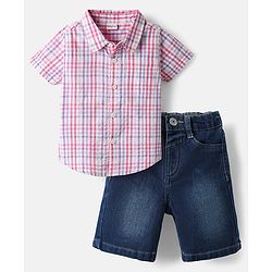 Babyhug Cotton Knit Half Sleeves Checks Shirt & Denim Shorts Set - Multicolor