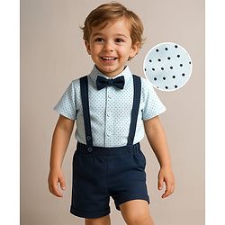 Babyhug Knit Half Sleeves Polka Dot Printed Shirt & Shorts With Bow & Suspender - Light & Navy Blue