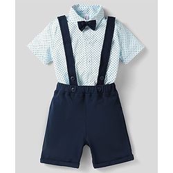 Babyhug Knit Half Sleeves Polka Dot Printed Shirt & Shorts With Bow & Suspender - Light & Navy Blue