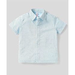 Babyhug Knit Half Sleeves Polka Dot Printed Shirt & Shorts With Bow & Suspender - Light & Navy Blue