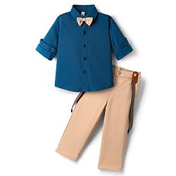 Babyhug Knit Full Sleeves Solid Color Party Shirt & Trouser Set with Suspendor & Bow - Blue & Beige