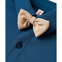 Babyhug Knit Full Sleeves Solid Color Party Shirt & Trouser Set with Suspendor & Bow - Blue & Beige