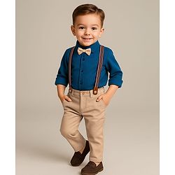 Babyhug Knit Full Sleeves Solid Color Party Shirt & Trouser Set with Suspendor & Bow - Blue & Beige