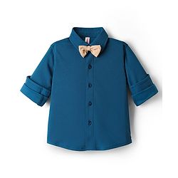 Babyhug Knit Full Sleeves Solid Color Party Shirt & Trouser Set with Suspendor & Bow - Blue & Beige