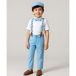 Babyhug Knit Full Sleeves Solid Color Shirt & Trouser with Bow & Suspender Cap - Light Blue & White