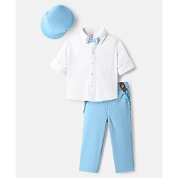 Babyhug Knit Full Sleeves Solid Color Shirt & Trouser with Bow & Suspender Cap - Light Blue & White