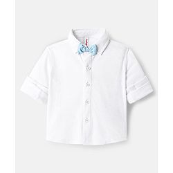 Babyhug Knit Full Sleeves Solid Color Shirt & Trouser with Bow & Suspender Cap - Light Blue & White