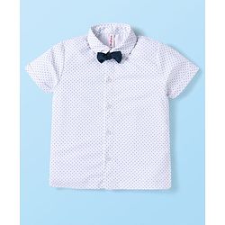 Babyhug Knit Half Sleeves Polka Dots Printed Shirt & Shorts Set with Bow & Suspender - White & Teal Blue