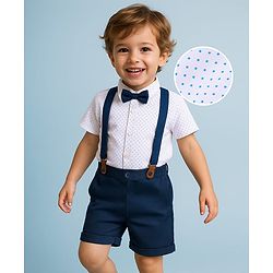 Babyhug Knit Half Sleeves Polka Dots Printed Shirt & Shorts Set with Bow & Suspender - White & Teal Blue