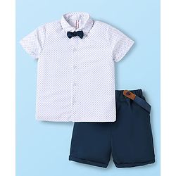 Babyhug Knit Half Sleeves Polka Dots Printed Shirt & Shorts Set with Bow & Suspender - White & Teal Blue