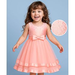 Babyhug Woven Sleeveless Party Dress With Bow Applique & Sequin - Peach