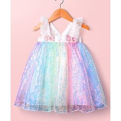 Babyhug Woven Frill Sleeves Mesh Party Dress with Sequin Detailing & Bow Applique - White