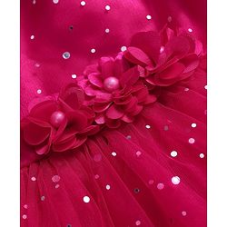 Babyhug Woven Sleeveless Fit & Flare Mesh Party Dress with Glitter Print & Floral Corsage - Dark Pink