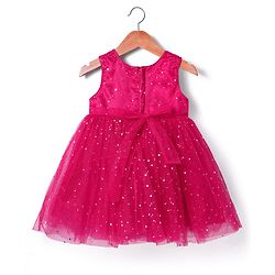 Babyhug Woven Sleeveless Fit & Flare Mesh Party Dress with Glitter Print & Floral Corsage - Dark Pink