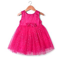 Babyhug Woven Sleeveless Fit & Flare Mesh Party Dress with Glitter Print & Floral Corsage - Dark Pink