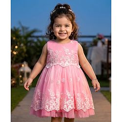 Babyhug Woven Sleeveless Mesh Party Dress with Floral Embroidery - Pink
