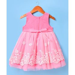 Babyhug Woven Sleeveless Mesh Party Dress with Floral Embroidery - Pink
