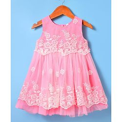 Babyhug Woven Sleeveless Mesh Party Dress with Floral Embroidery - Pink