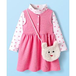 Babyhug Cotton Knit Textured Frock with Full Sleeves Floral Printed Inner Tee & Sling Bag - Pink & White