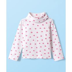 Babyhug Cotton Knit Textured Frock with Full Sleeves Floral Printed Inner Tee & Sling Bag - Pink & White