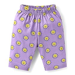 Babyhug Cotton Knit Half Sleeves Capri Nightsuit with Rainbow & Sun Print - Purple