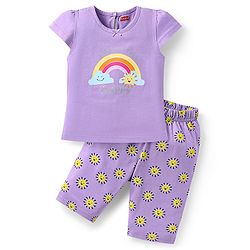Babyhug Cotton Knit Half Sleeves Capri Nightsuit with Rainbow & Sun Print - Purple