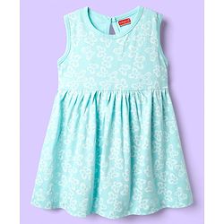 Babyhug Single Jersey Knit Sleeveless Frock with Butterfly Print - Aqua Blue