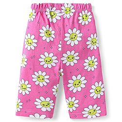Babyhug Cotton Knit Half Sleeves Capri Nightsuit with Floral Print - Green & Pink