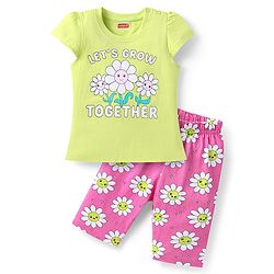Babyhug Cotton Knit Half Sleeves Capri Nightsuit with Floral Print - Green & Pink