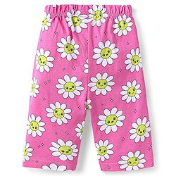 Babyhug Cotton Knit Half Sleeves Capri Nightsuit with Floral Print - Green & Pink