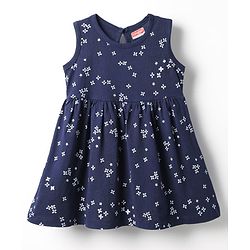 Babyhug Single Jersey Knit Sleeveless Frock with Floral Print - Navy Blue