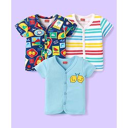 Babyhug 100% Cotton Interlock Knit  Half Sleeves Front Open jhablas With Striped & Fruits Print Pack Of 3 - Light Blue Navy Blue & White