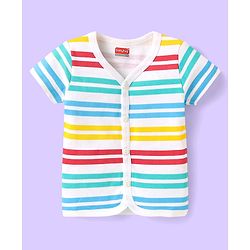 Babyhug 100% Cotton Interlock Knit  Half Sleeves Front Open jhablas With Striped & Fruits Print Pack Of 3 - Light Blue Navy Blue & White