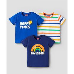 Babyhug Cotton Knit Half Sleeves T-Shirts with Text Print & Stripes Pack of 3 - Blue White & Navy Blue