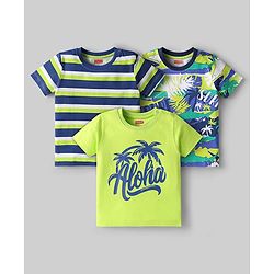 Babyhug Cotton Knit Half Sleeves T-Shirt With Stripes & Beach Theme Print  Pack Of 3 - Limegreen & Navy Blue