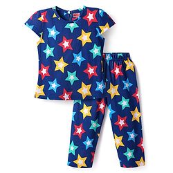 Babyhug Cotton Knit Half Sleeves Nightsuit With Star Print - Navy Blue